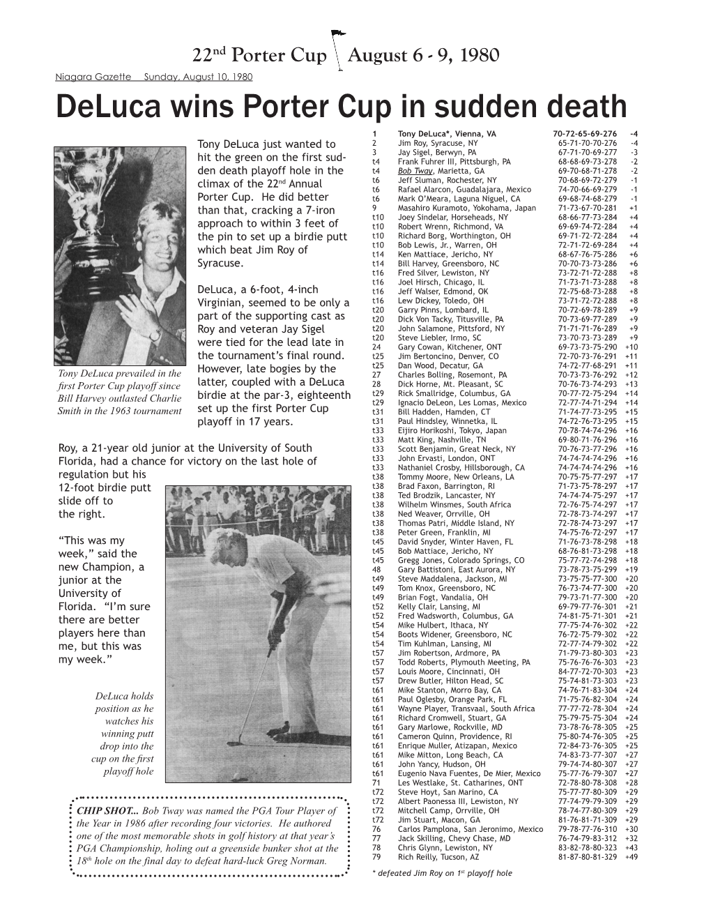 Deluca Wins Porter Cup in Sudden Death