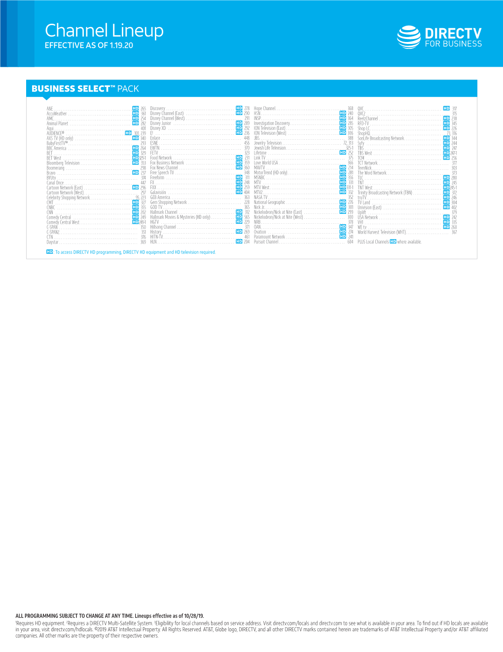 Channel Lineup EFFECTIVE AS of 1.19.20