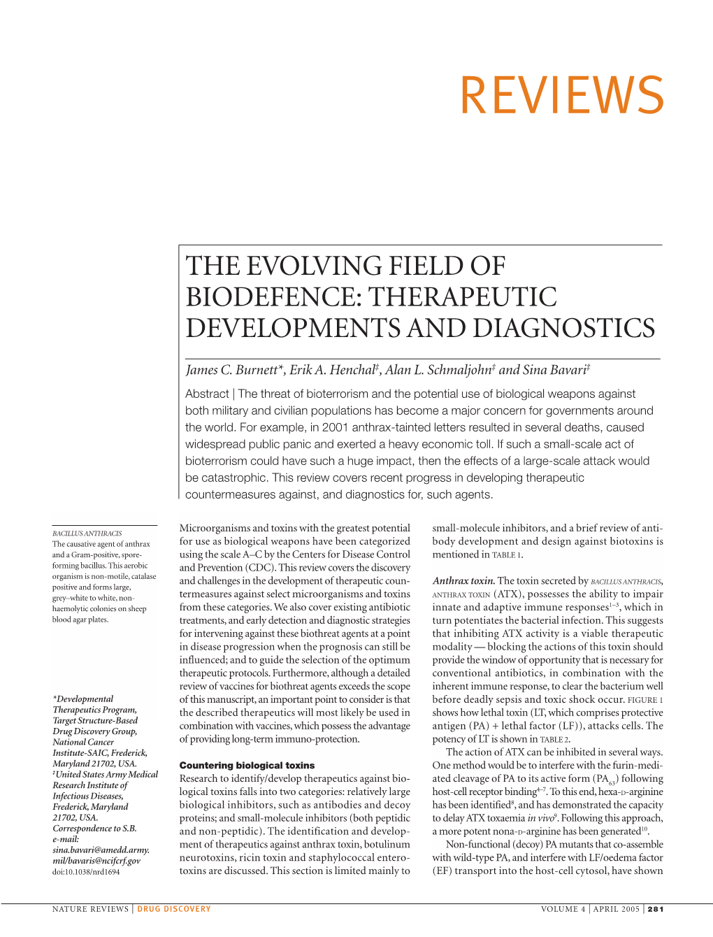 The Evolving Field of Biodefence: Therapeutic Developments and Diagnostics