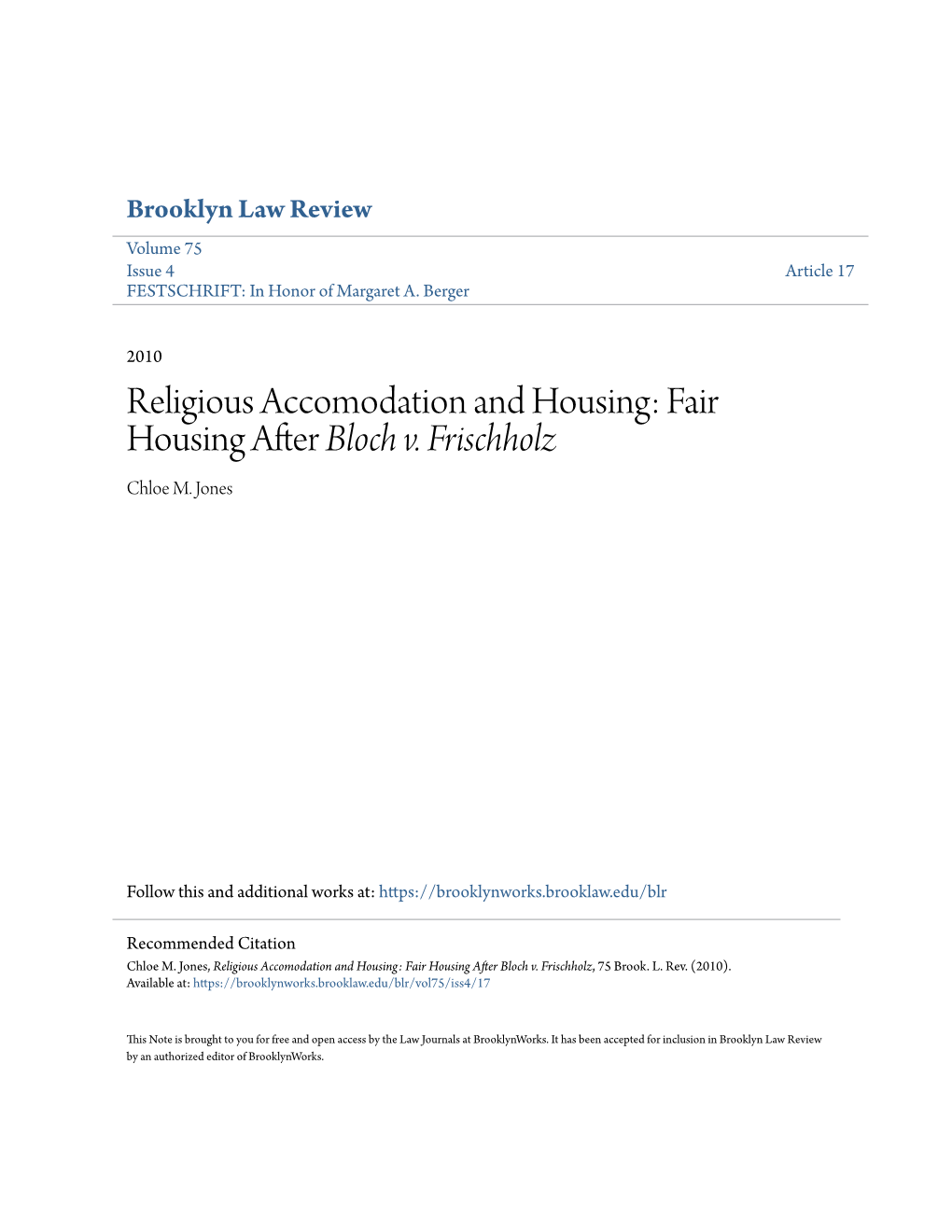 Religious Accomodation and Housing: Fair Housing After Bloch V