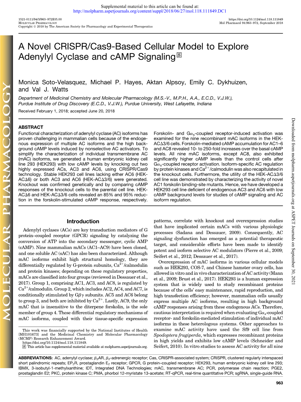 A Novel CRISPR/Cas9-Based Cellular Model to Explore Adenylyl Cyclase and Camp Signaling S