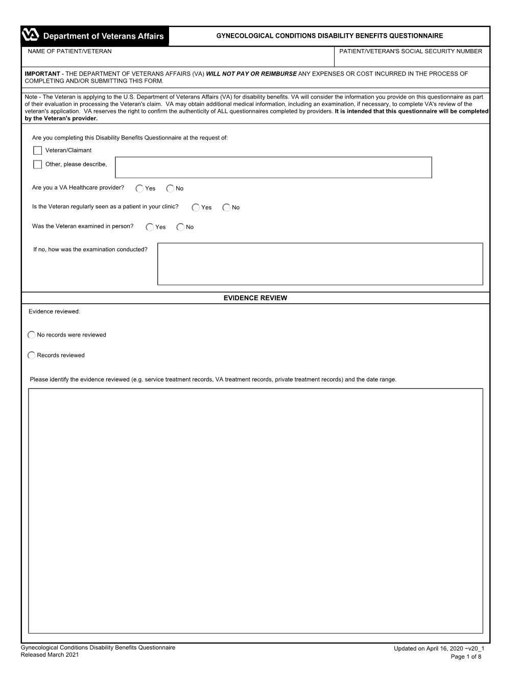 Gynecological Conditions Disability Benefits Questionnaire