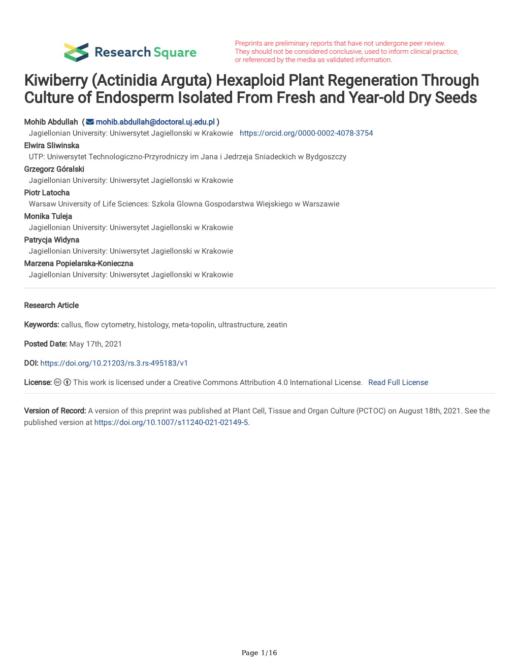 Kiwiberry (Actinidia Arguta) Hexaploid Plant Regeneration Through Culture of Endosperm Isolated from Fresh and Year-Old Dry Seeds