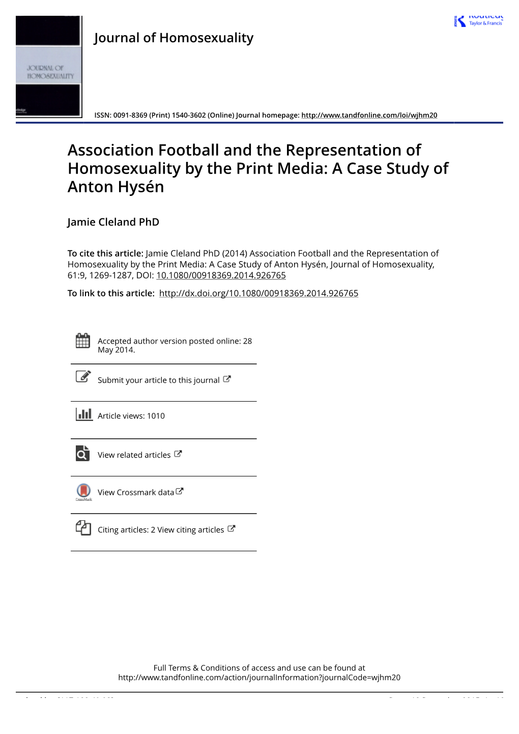 Association Football and the Representation of Homosexuality by the Print Media: a Case Study of Anton Hysén