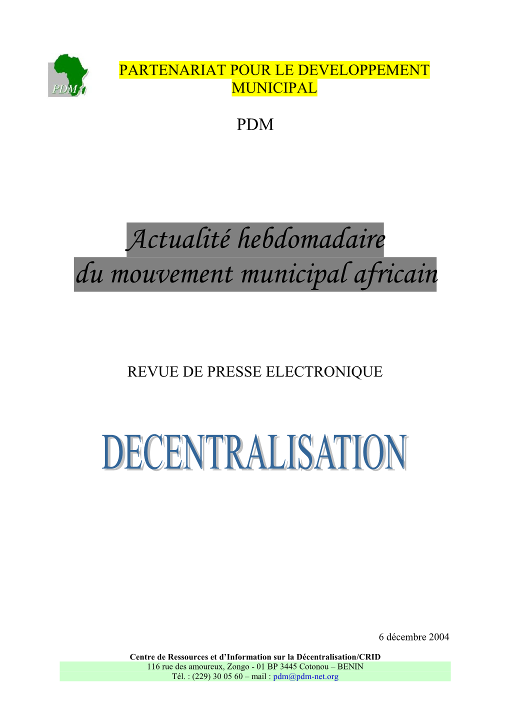 Actualité Hebdomadaire Du Mouvement Municipal Africain