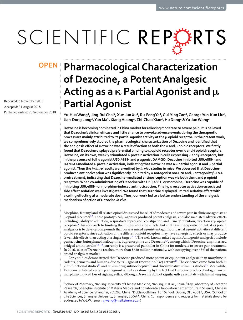 Pharmacological Characterization of Dezocine, a Potent Analgesic Acting As a Κ Partial Agonist and Μ Partial Agonist