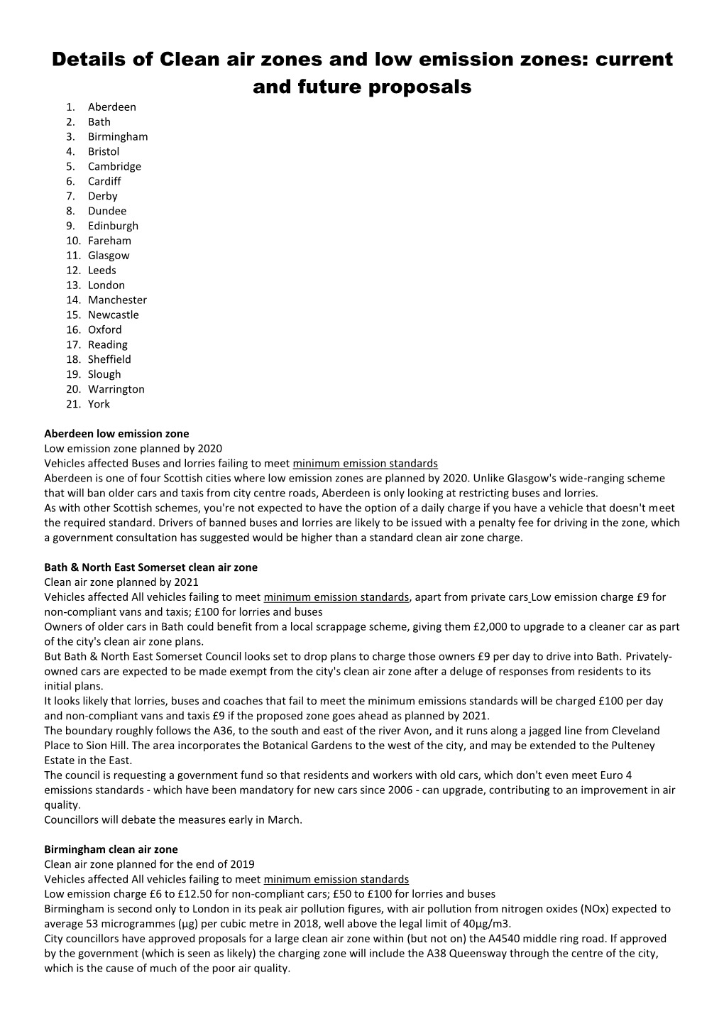 Details of Clean Air Zones and Low Emission Zones: Current and Future Proposals 1