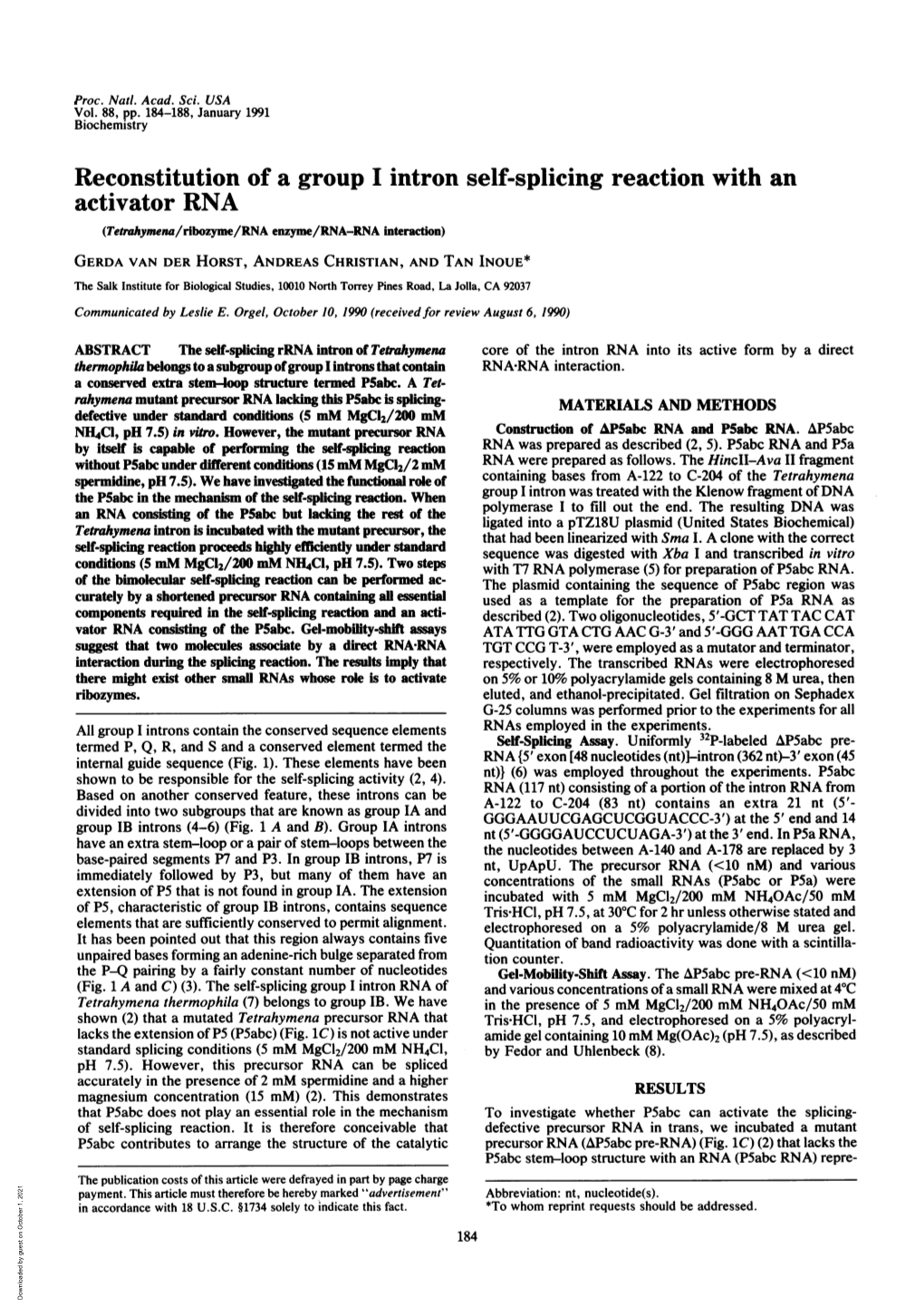 Reconstitution of a Group I Intron Self-Splicing Reaction With