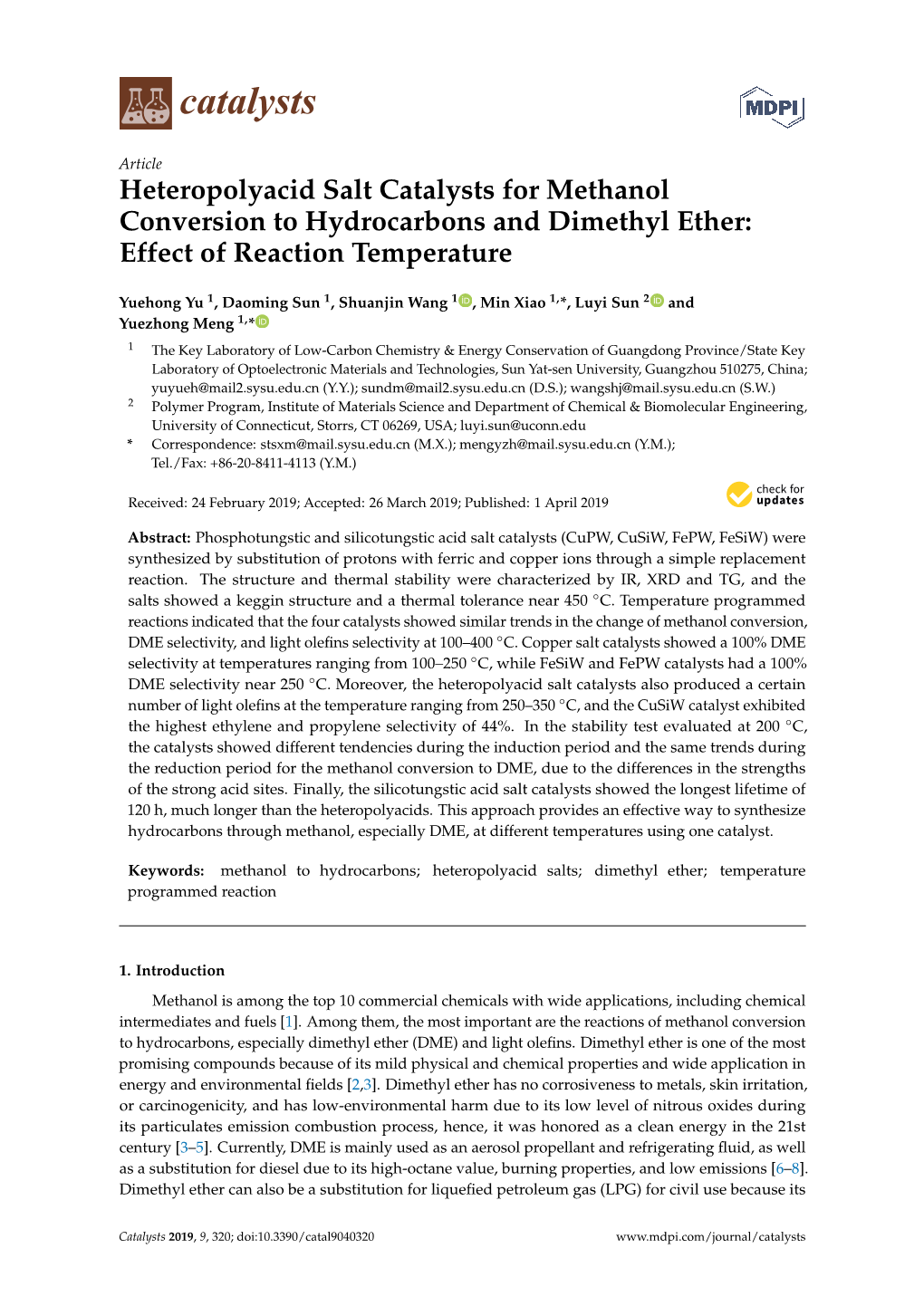 Heteropolyacid Salt Catalysts for Methanol Conversion to Hydrocarbons and Dimethyl Ether: Effect of Reaction Temperature