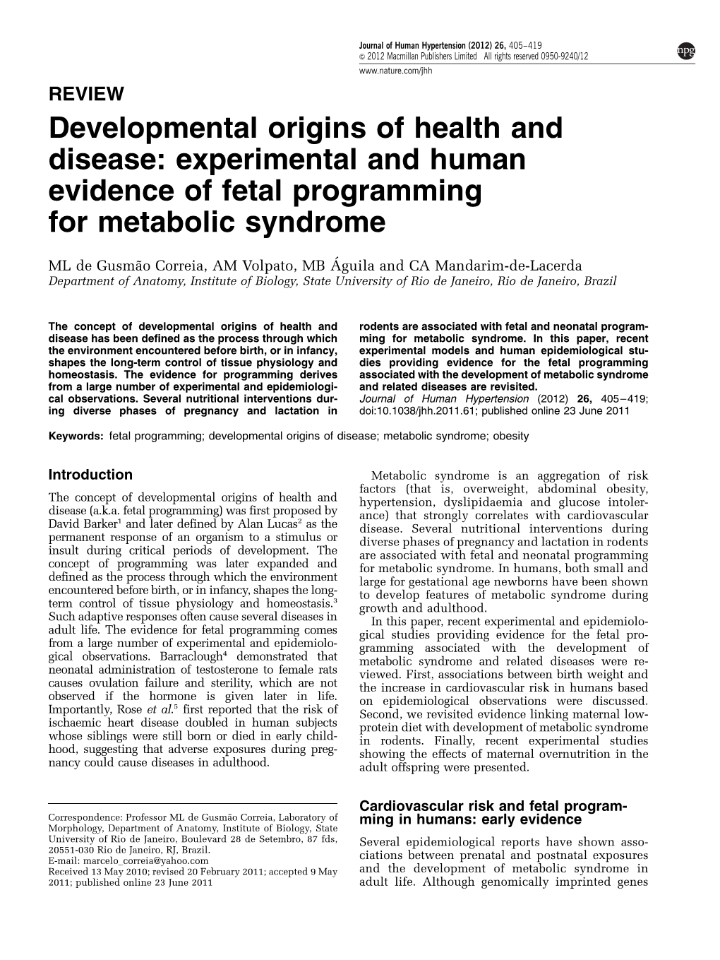 Experimental and Human Evidence of Fetal Programming for Metabolic Syndrome
