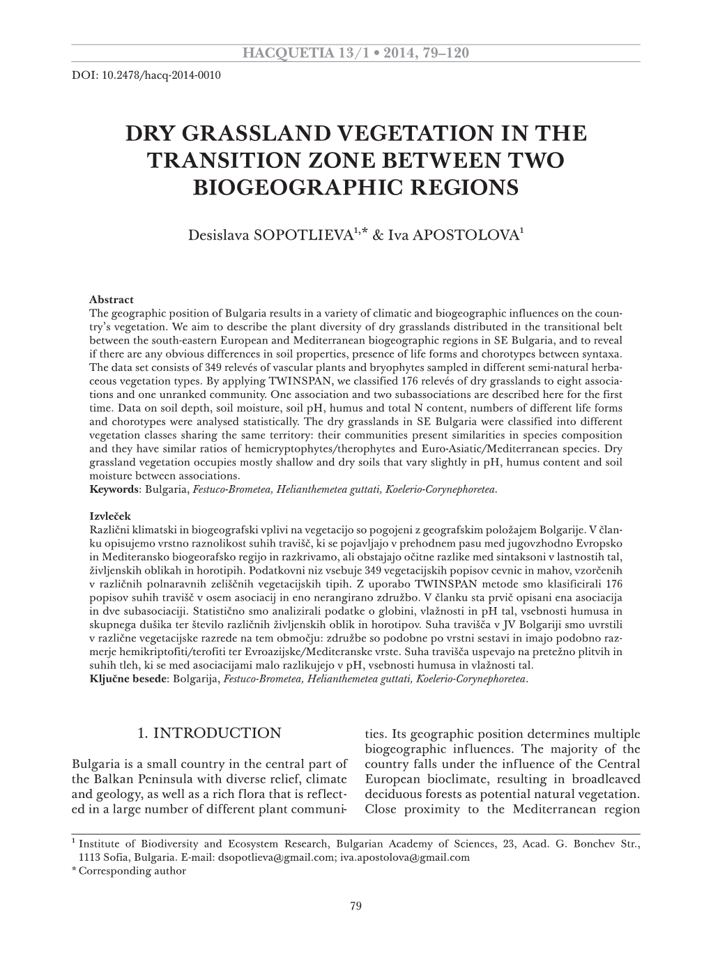 Dry Grassland Vegetation in the Transition Zone Between Two Biogeographic Regions