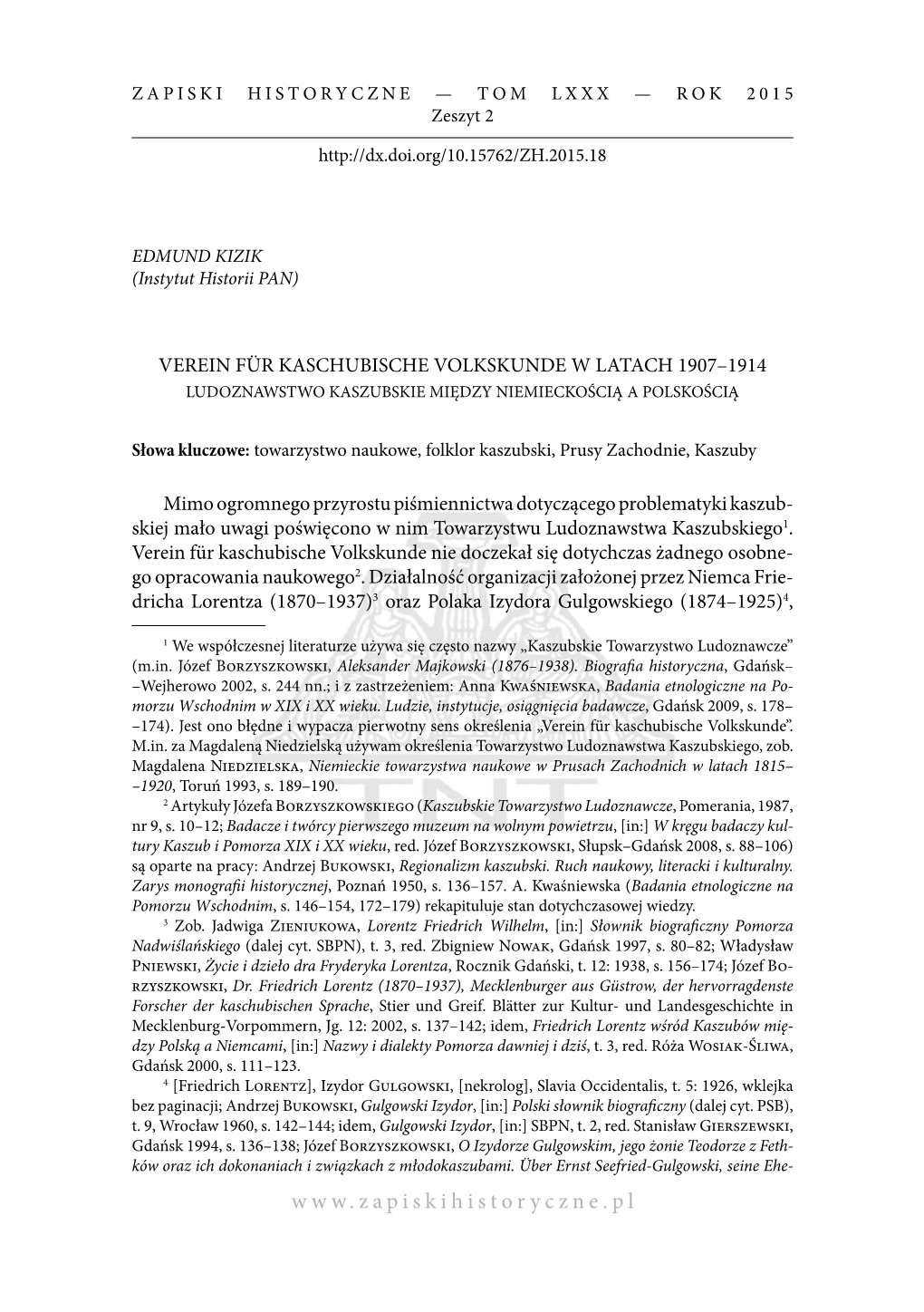 Verein Für Kaschubische Volkskunde W Latach 1907–1914 Ludoznawstwo Kaszubskie Między Niemieckością a Polskością