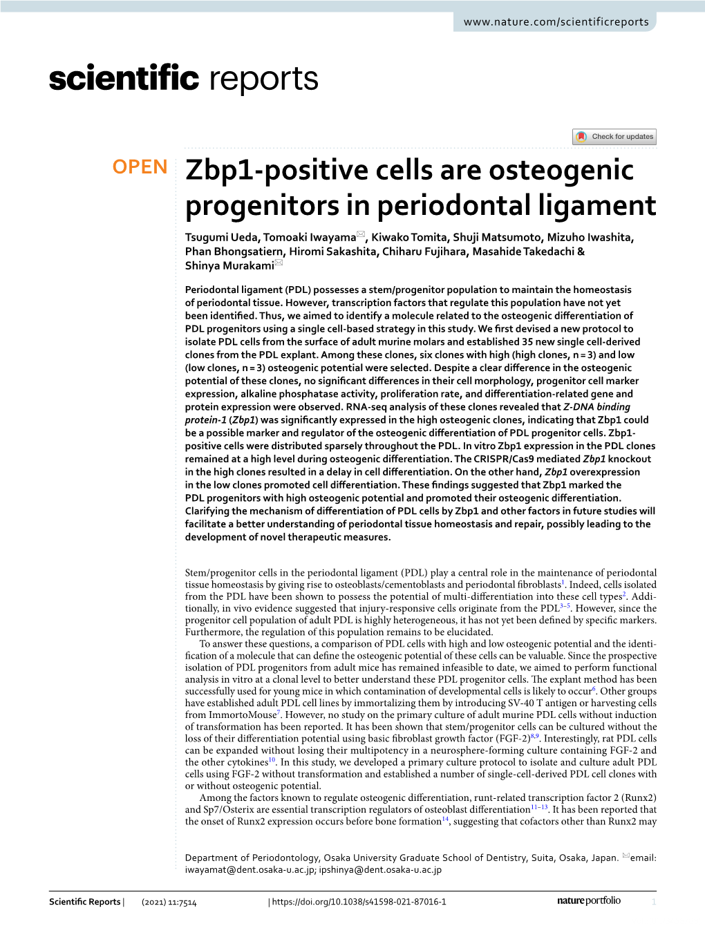 Zbp1-Positive Cells Are Osteogenic Progenitors in Periodontal Ligament