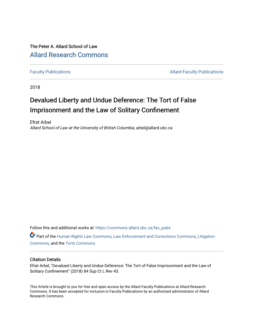 The Tort of False Imprisonment and the Law of Solitary Confinement