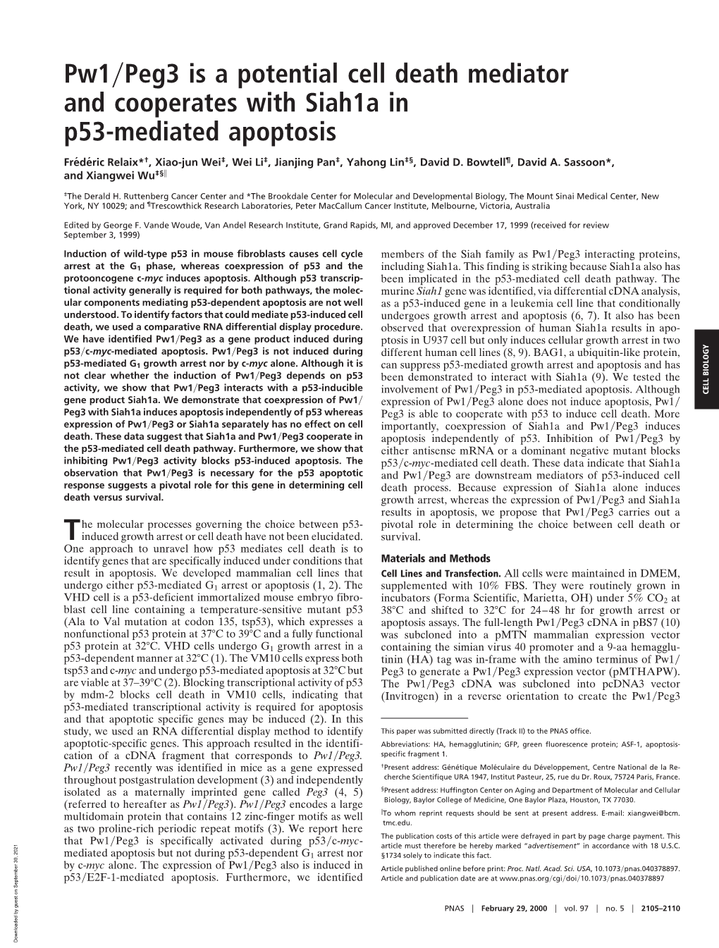 Pw1 Peg3 Is a Potential Cell Death Mediator and Cooperates With