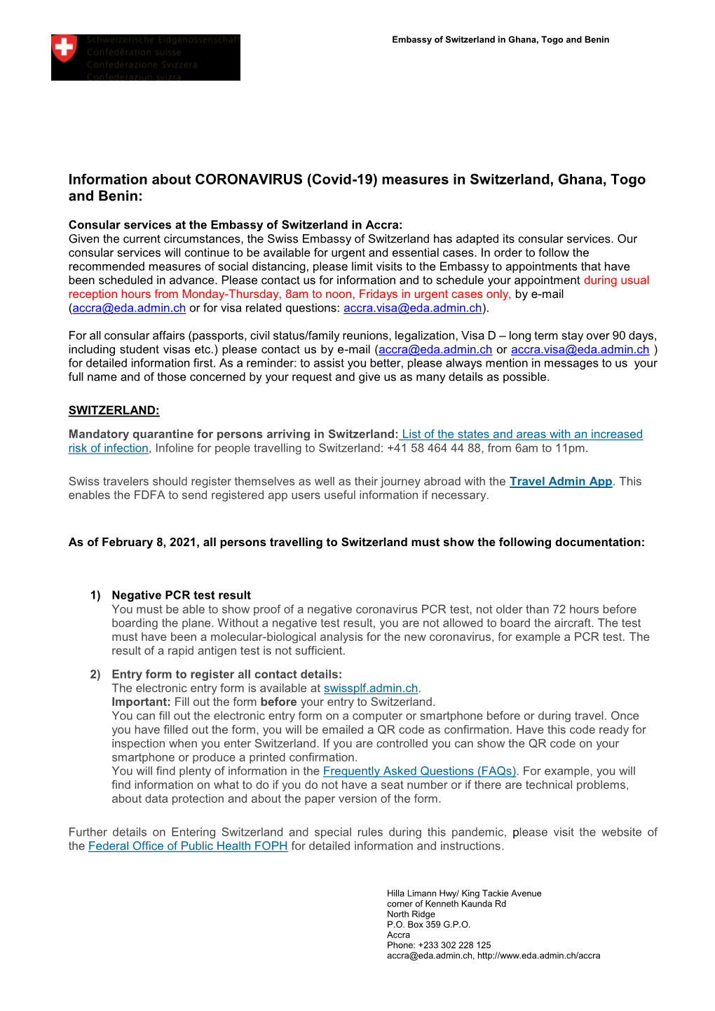 (Covid-19) Measures in Switzerland, Ghana, Togo and Benin