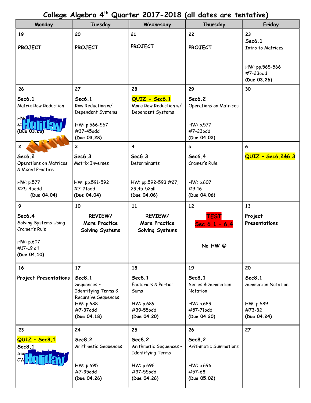 College Algebra 4Th Quarter 2017-2018 (All Dates Are Tentative)