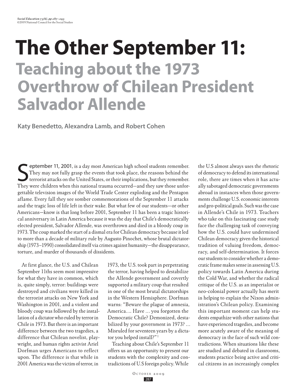 The Other September 11: Teaching About the 1973 Overthrow of Chilean President Salvador Allende