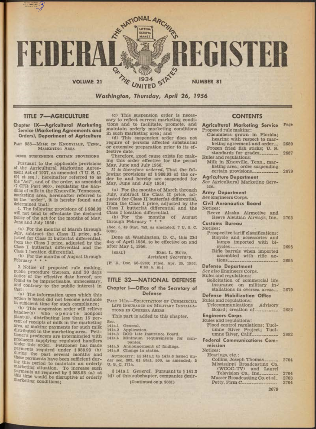 Washington, Thursday, April 26, 1956 TITLE 7— AGRICULTURE TITLE 32