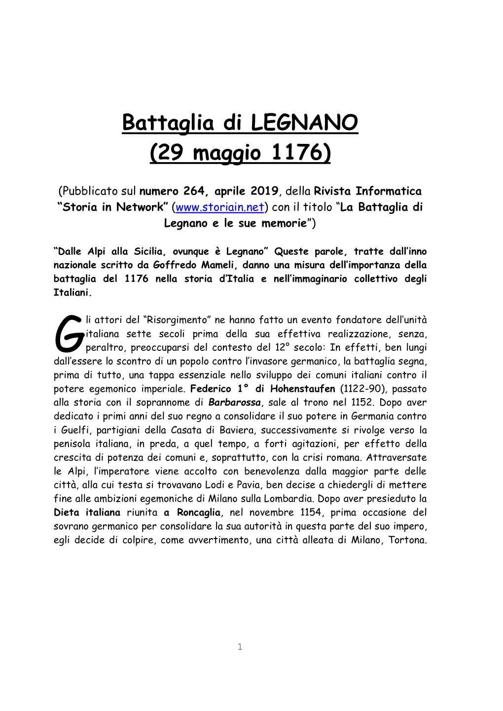 Battaglia Di LEGNANO (29 Maggio 1176)