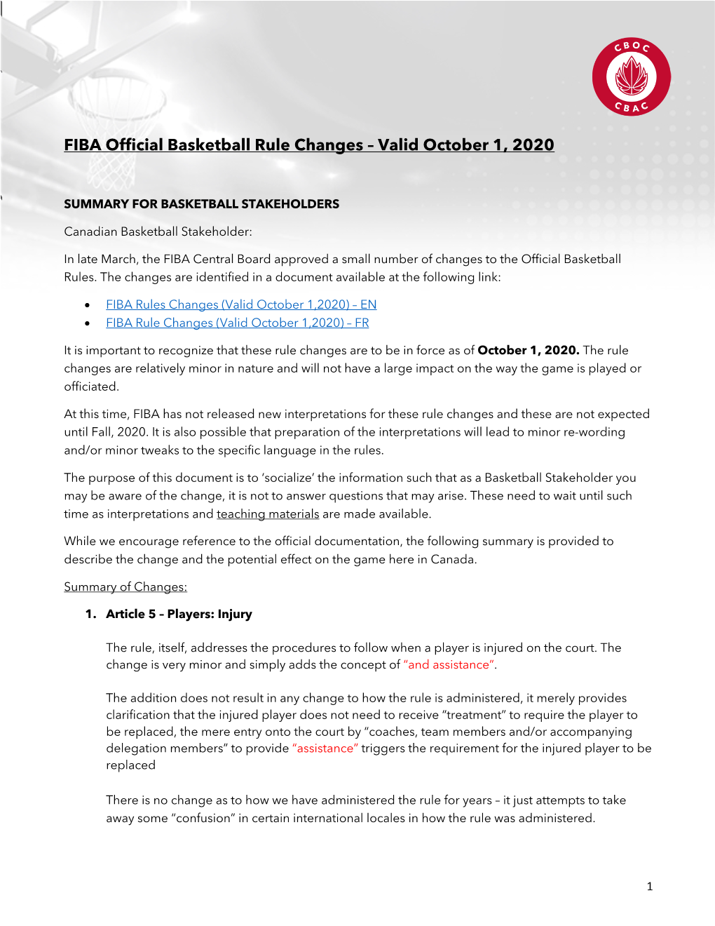 FIBA Official Basketball Rule Changes – Valid October 1, 2020