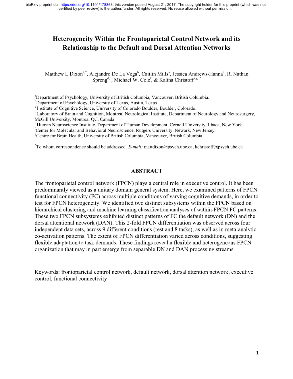 Heterogeneity Within the Frontoparietal Control Network and Its Relationship to the Default and Dorsal Attention Networks