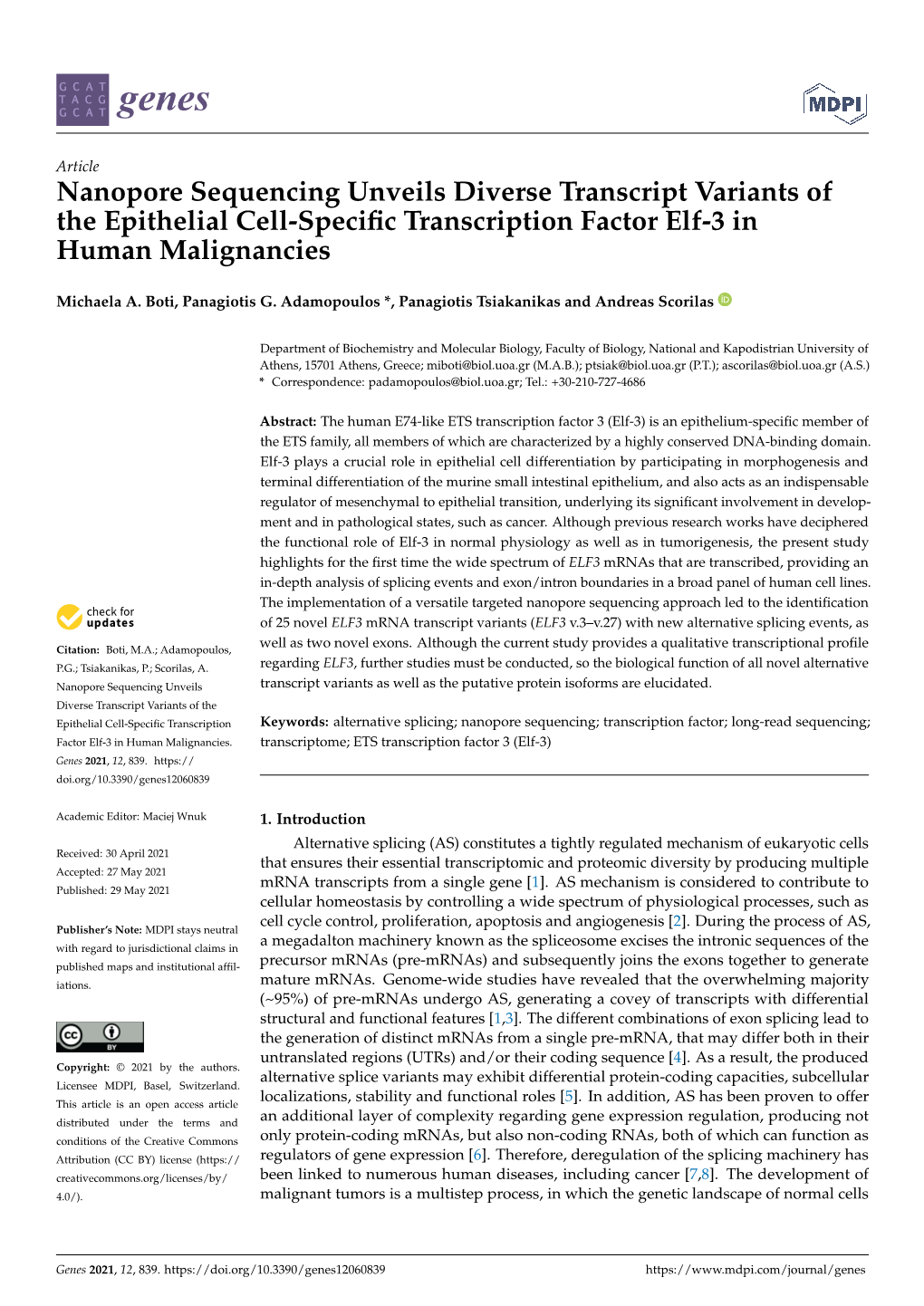 Nanopore Sequencing Unveils Diverse Transcript Variants of the Epithelial Cell-Speciﬁc Transcription Factor Elf-3 in Human Malignancies