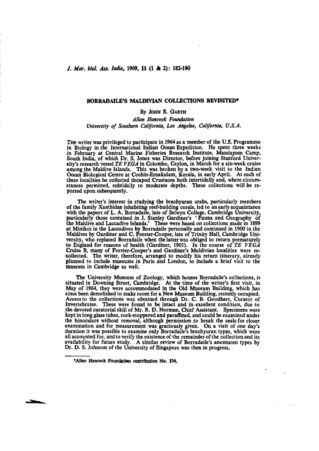 J, Mar, Blol. Ass. India, 1969, U (I a 2): 182-190 BORRADAILE's