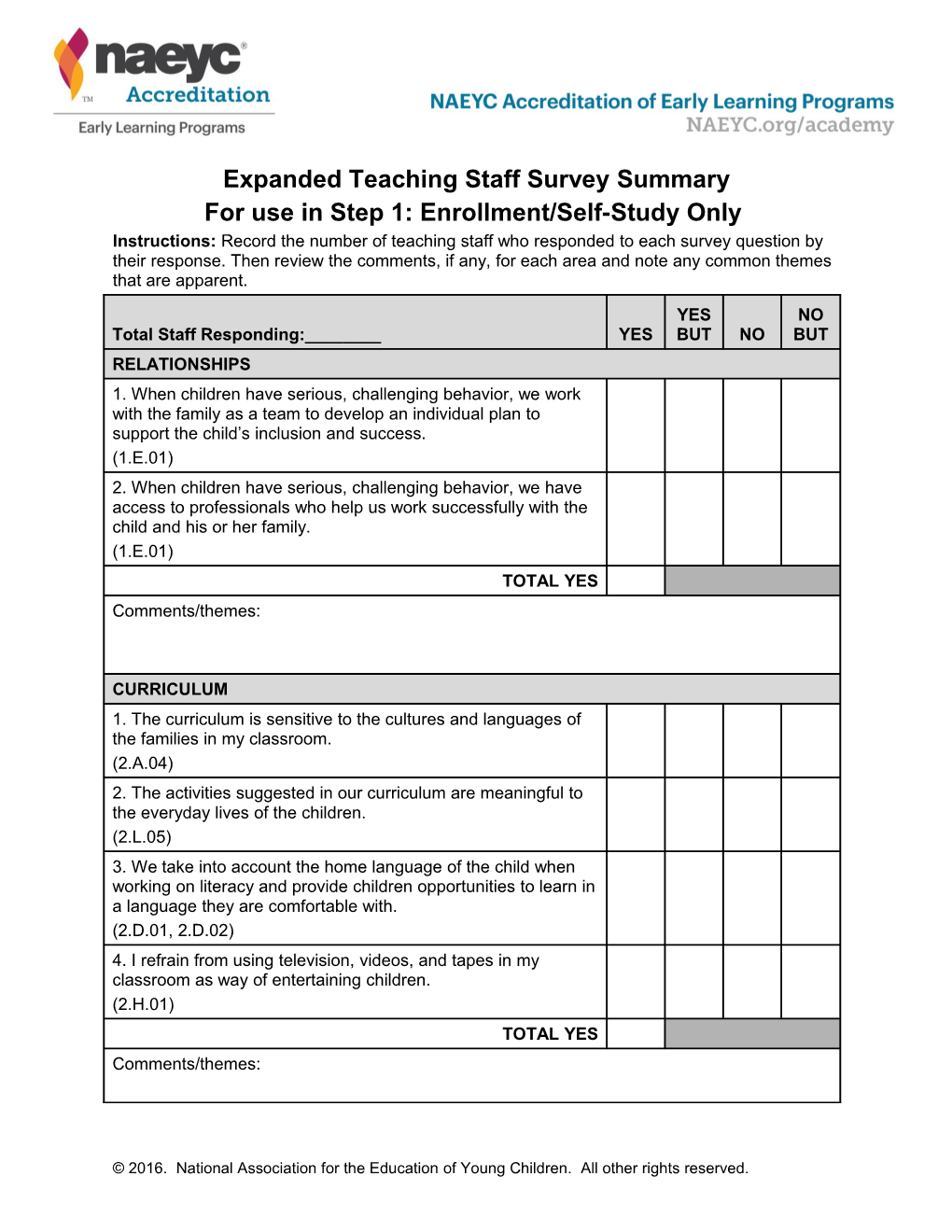 Expanded Summary Form for Teaching Staff Survey