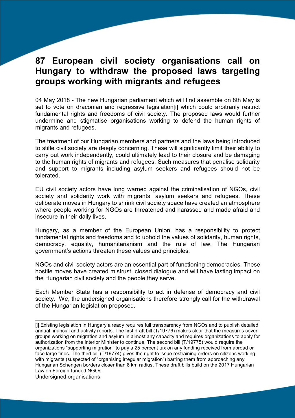 87 European Civil Society Organisations Call on Hungary to Withdraw the Proposed Laws Targeting Groups Working with Migrants and Refugees