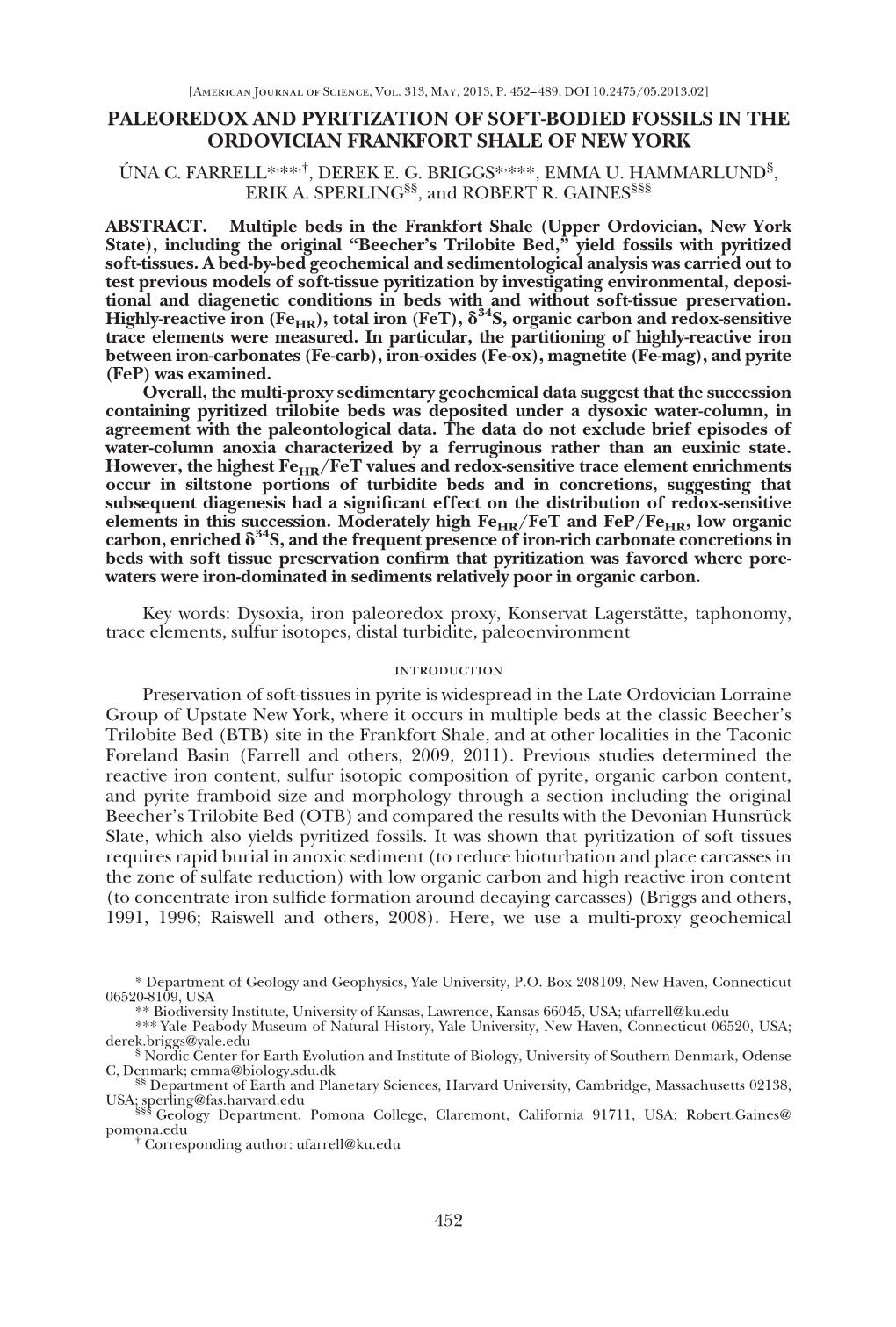 Paleoredox and Pyritization of Soft-Bodied Fossils in the Ordovician Frankfort Shale of New York U´ Na C