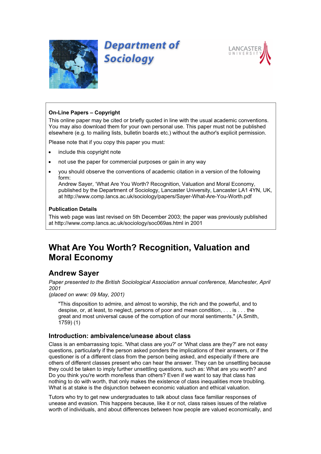 What Are You Worth? Recognition, Valuation and Moral Economy