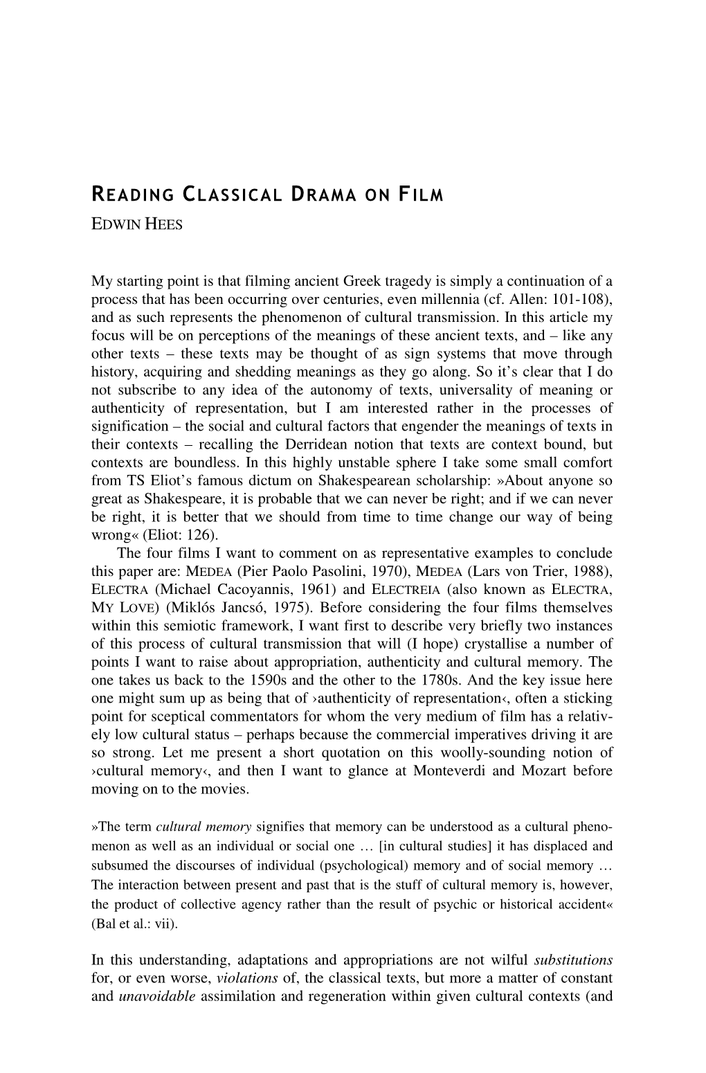 Reading Classical Drama on Film Edwin Hees