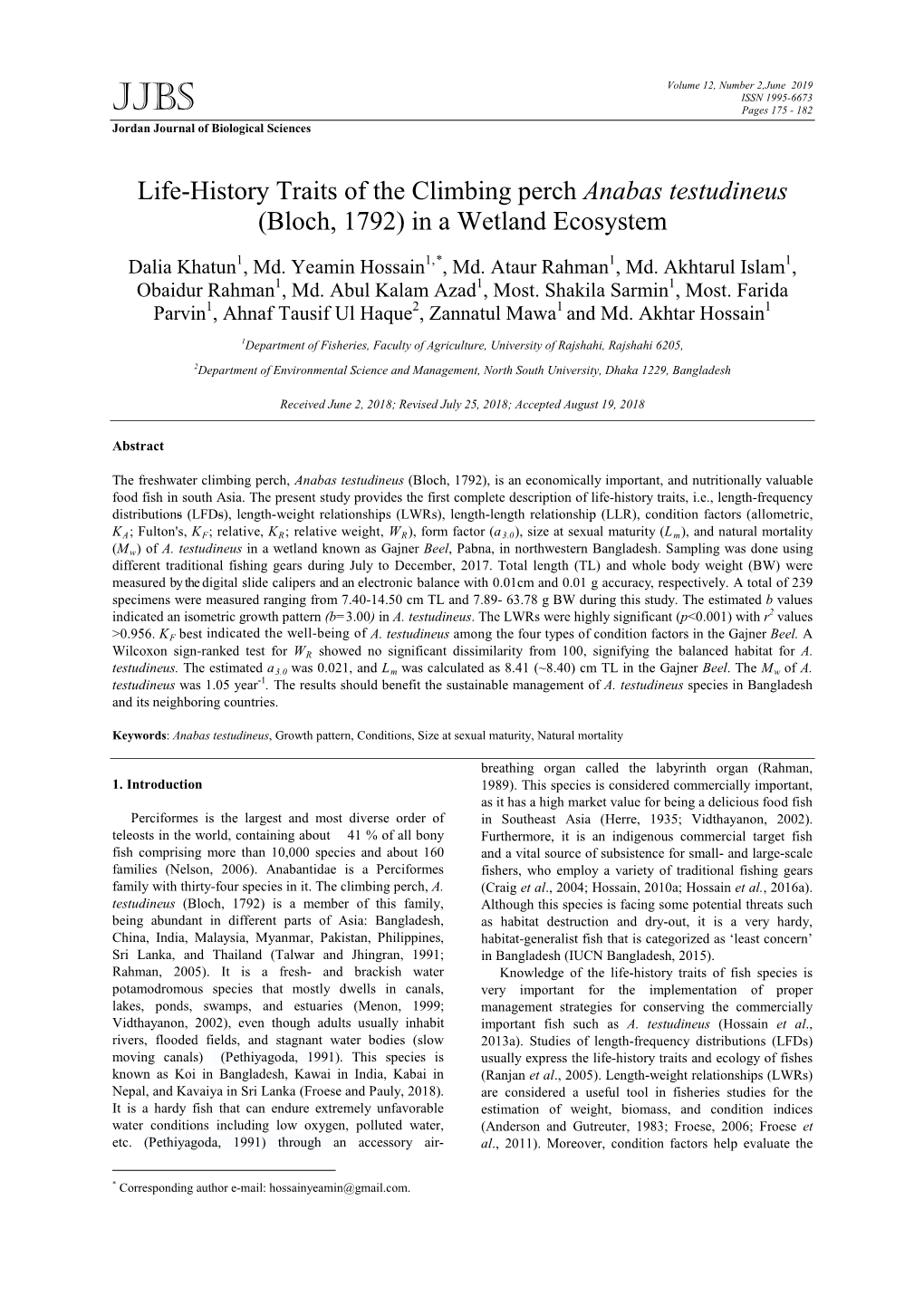 Life-History Traits of the Climbing Perch Anabas Testudineus (Bloch, 1792) in a Wetland Ecosystem