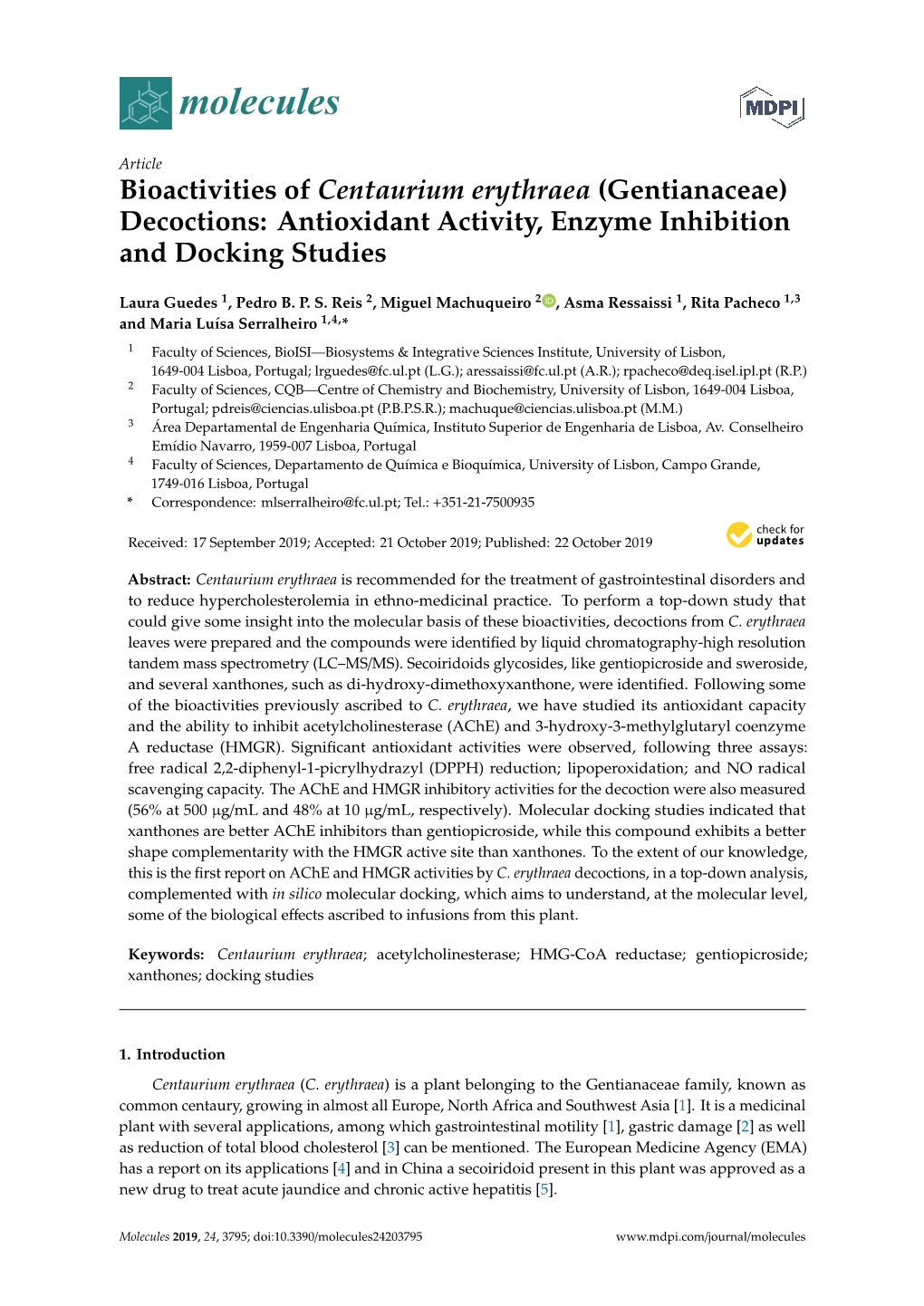 Bioactivities of Centaurium Erythraea (Gentianaceae) Decoctions: Antioxidant Activity, Enzyme Inhibition and Docking Studies