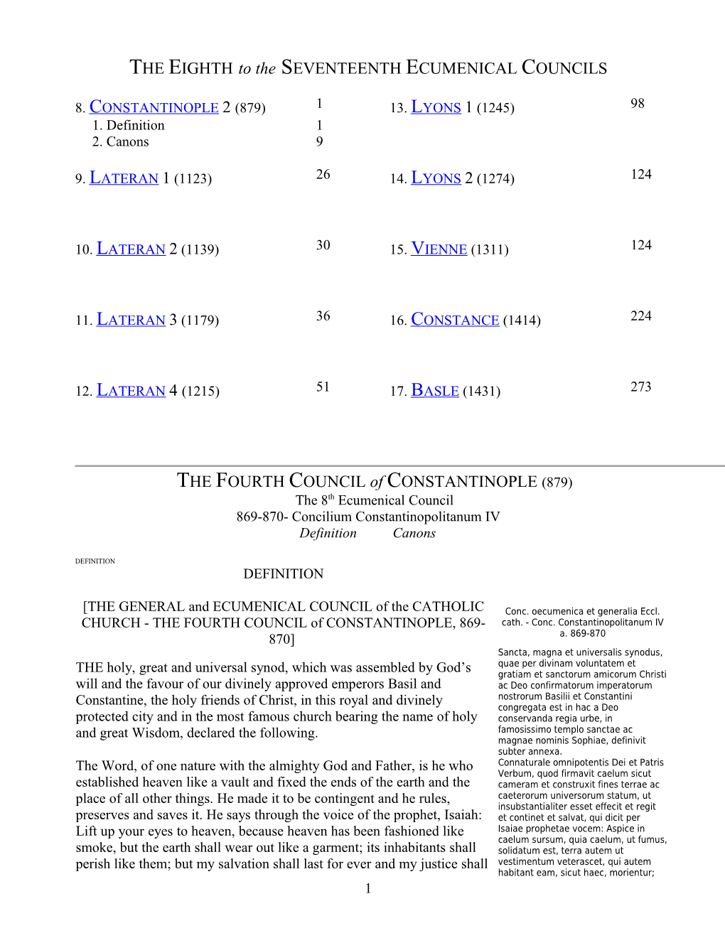 THE EIGHTH to the SEVENTEENTH ECUMENICAL COUNCILS