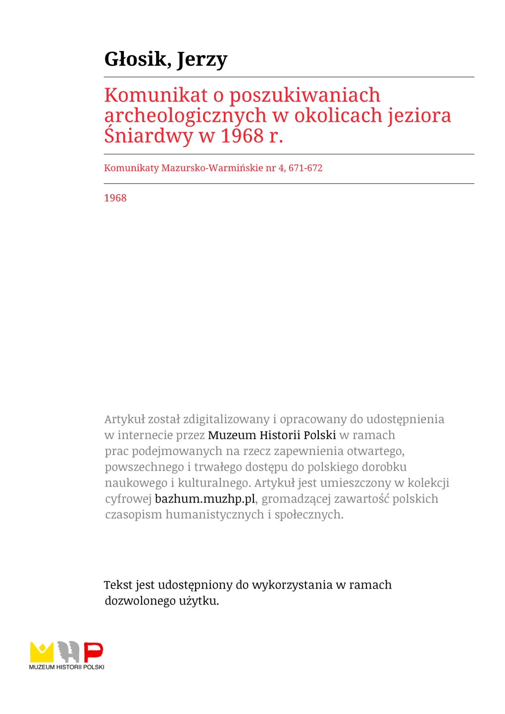 Głosik, Jerzy Komunikat O Poszukiwaniach Archeologicznych W Okolicach Jeziora Śniardwy W 1968 R