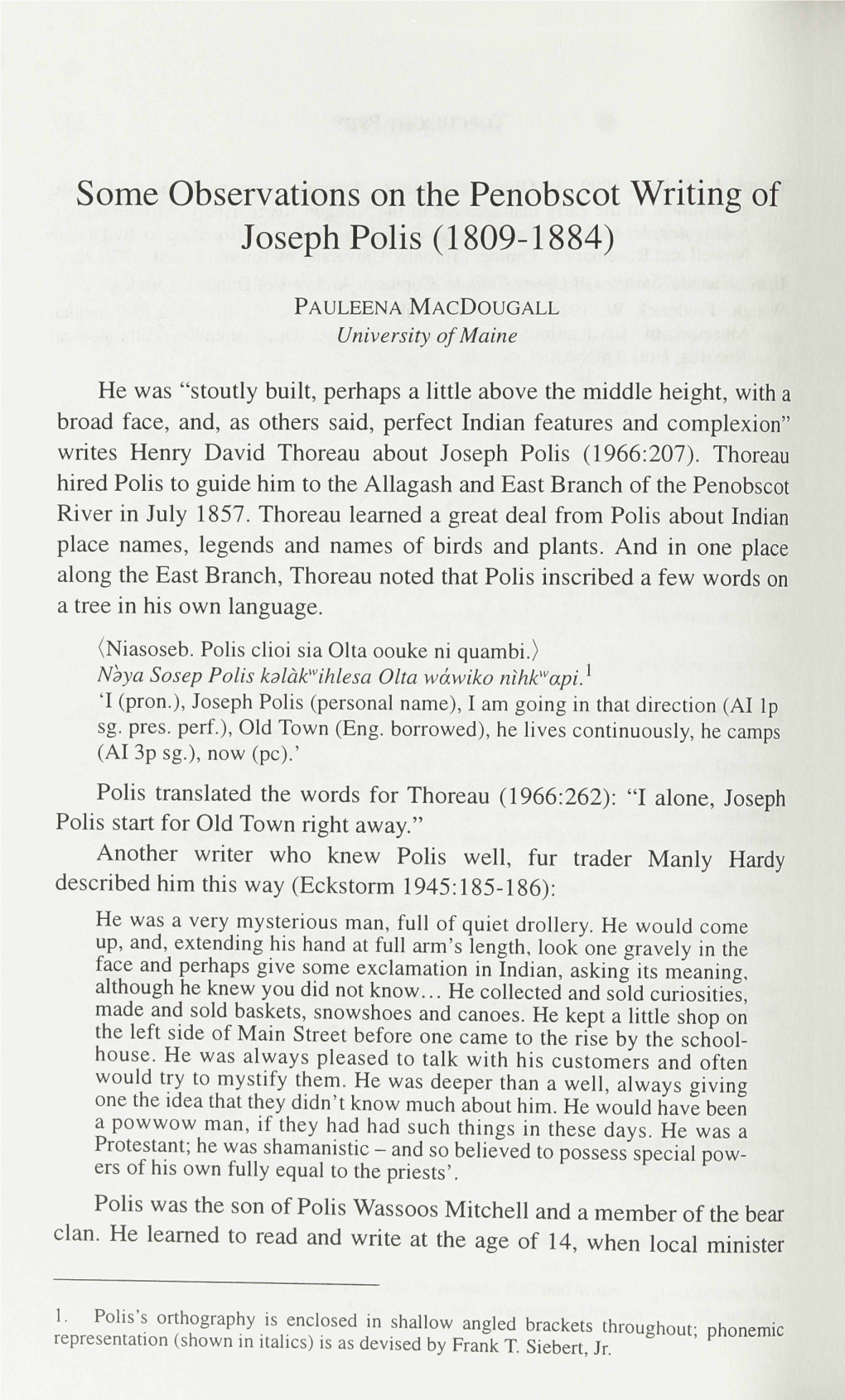 Some Observations on the Penobscot Writing of Joseph Polis (1809-1884)