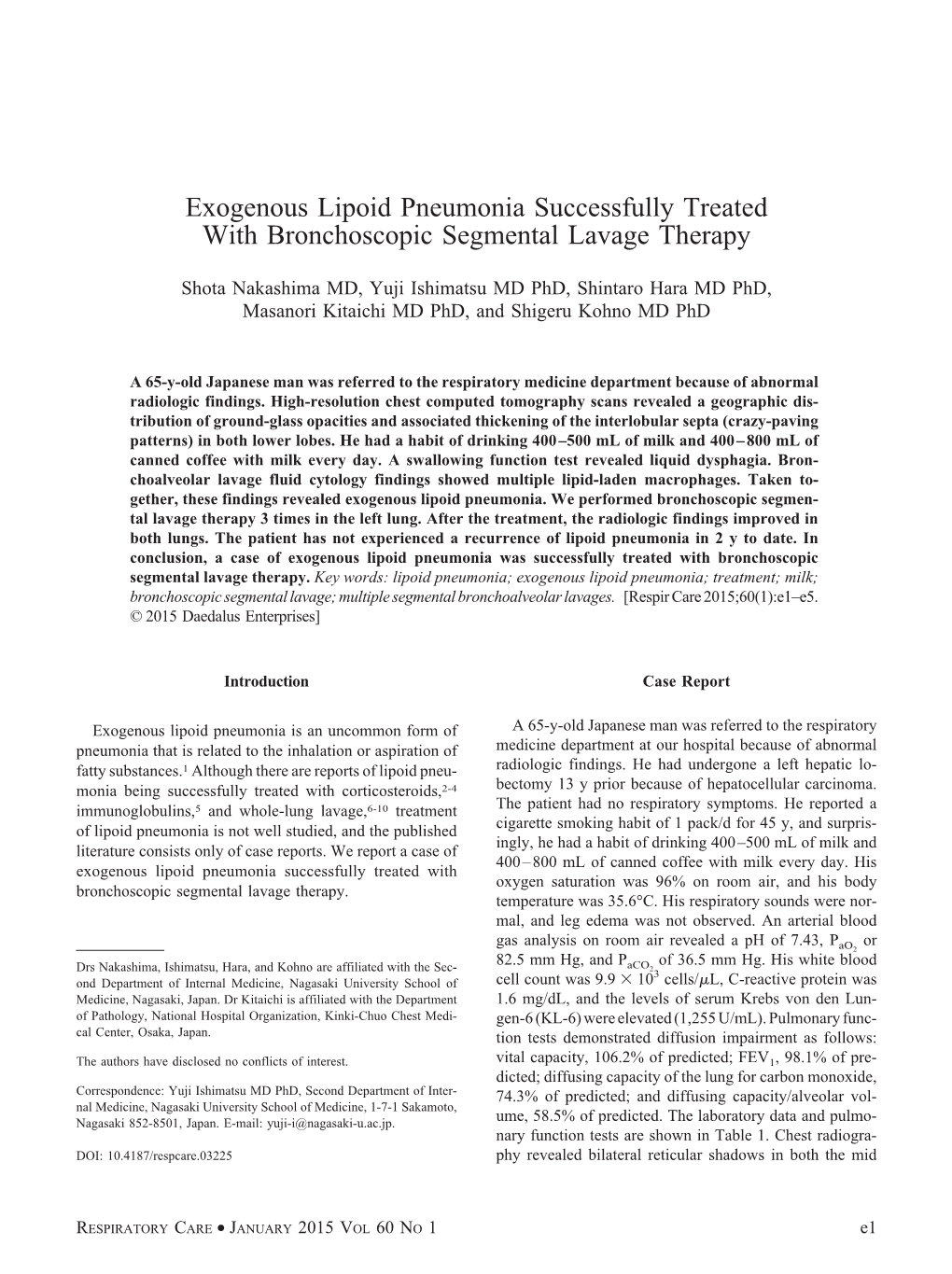 Exogenous Lipoid Pneumonia Successfully Treated with Bronchoscopic Segmental Lavage Therapy