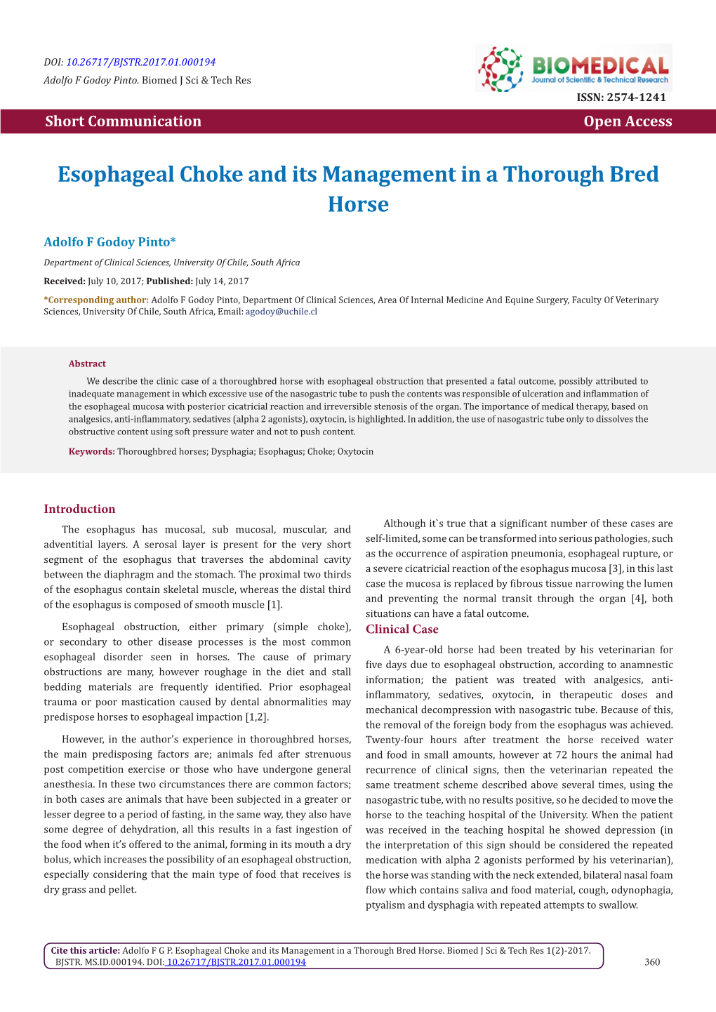 Esophageal Choke and Its Management in a Thorough Bred Horse