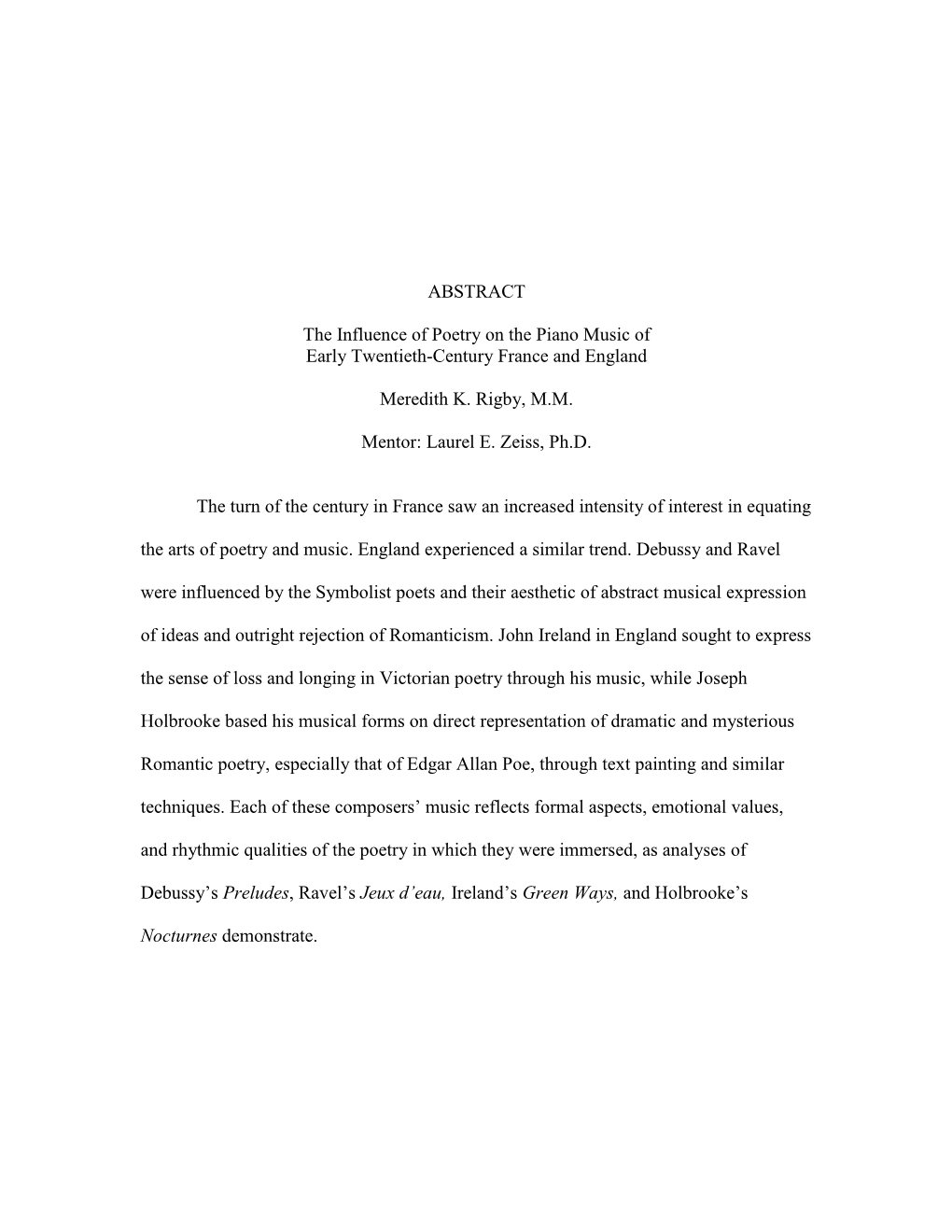 ABSTRACT the Influence of Poetry on the Piano Music of Early Twentieth-Century France and England Meredith K. Rigby, M.M. Mentor