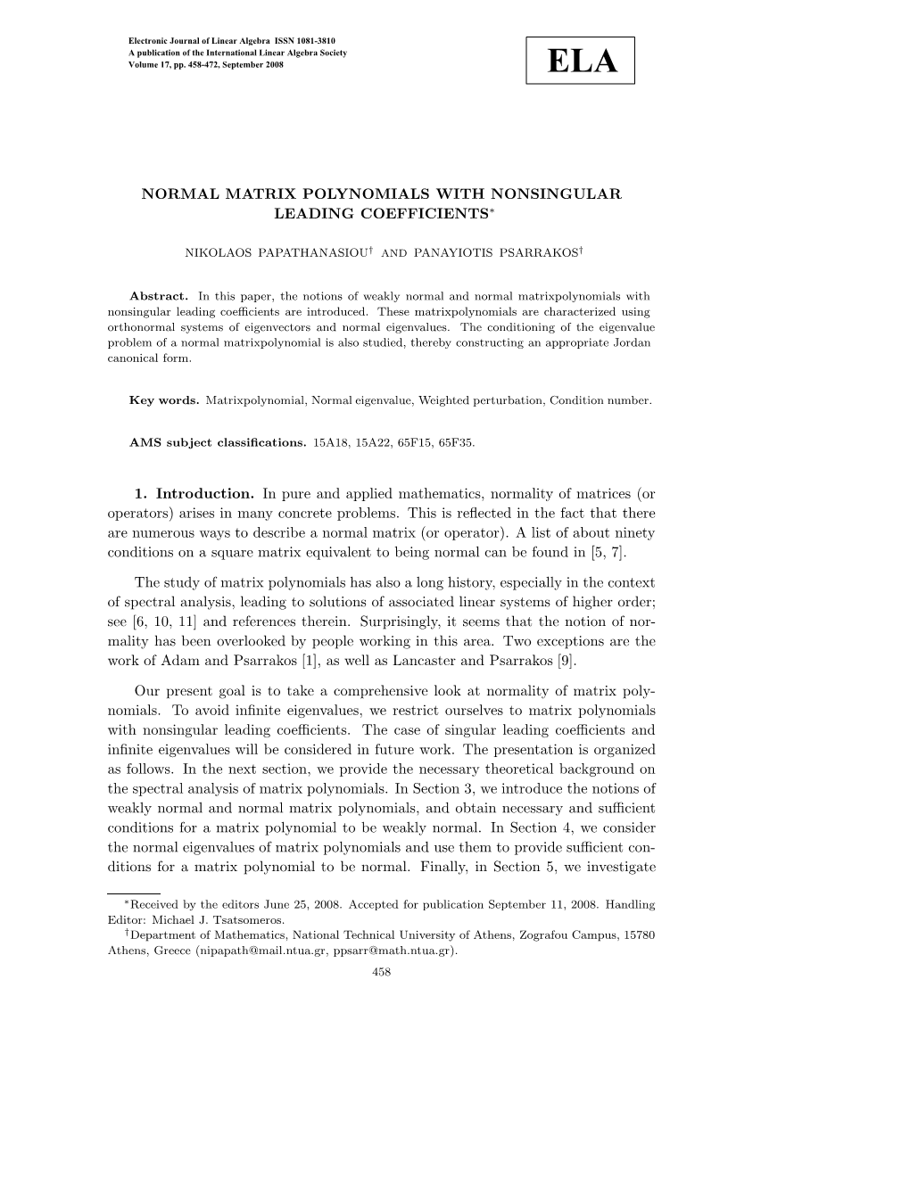 Normal Matrix Polynomials with Nonsingular Leading Coefficients∗