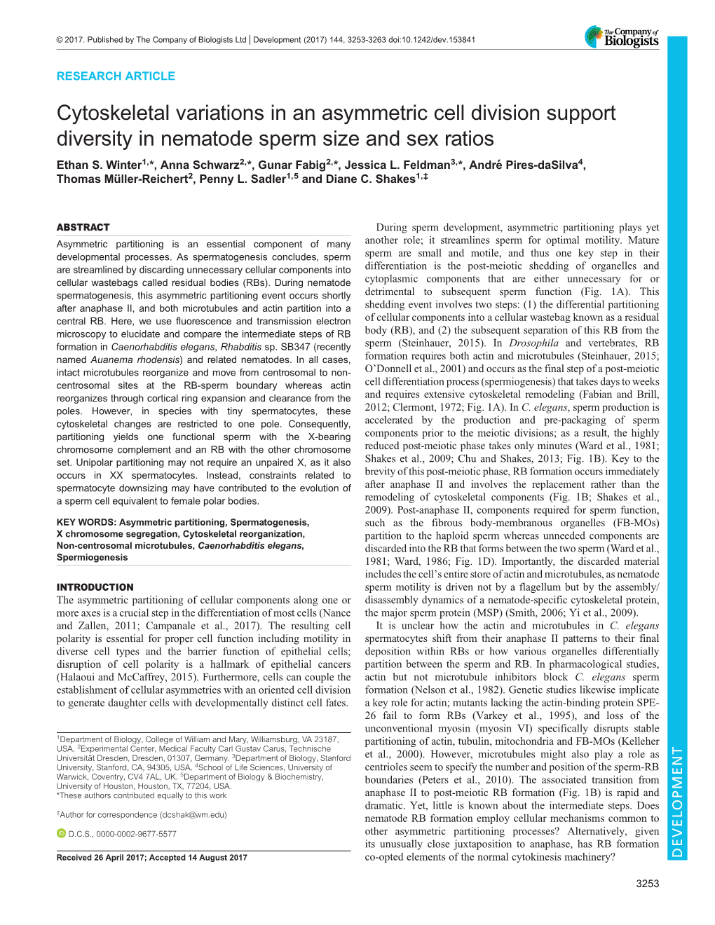 Cytoskeletal Variations in an Asymmetric Cell Division Support Diversity in Nematode Sperm Size and Sex Ratios Ethan S