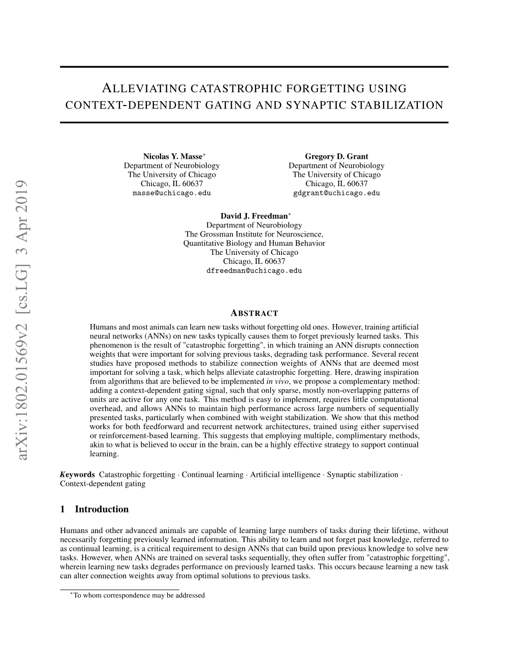 Alleviating Catastrophic Forgetting Using Context-Dependent Gating and Synaptic Stabilization