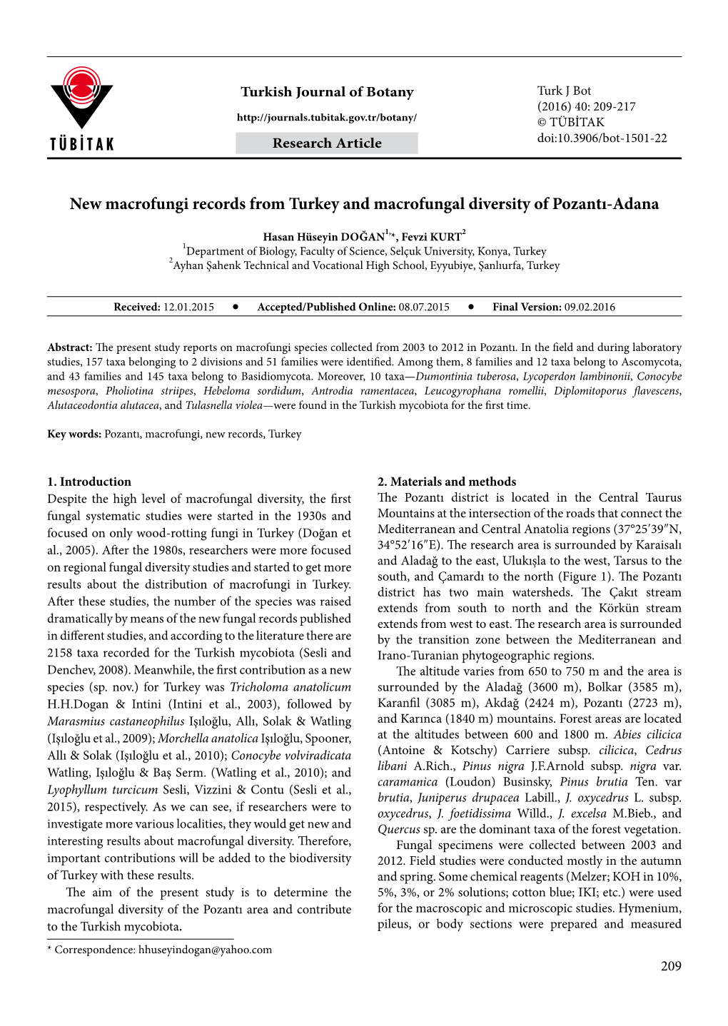 New Macrofungi Records from Turkey and Macrofungal Diversity of Pozantı-Adana