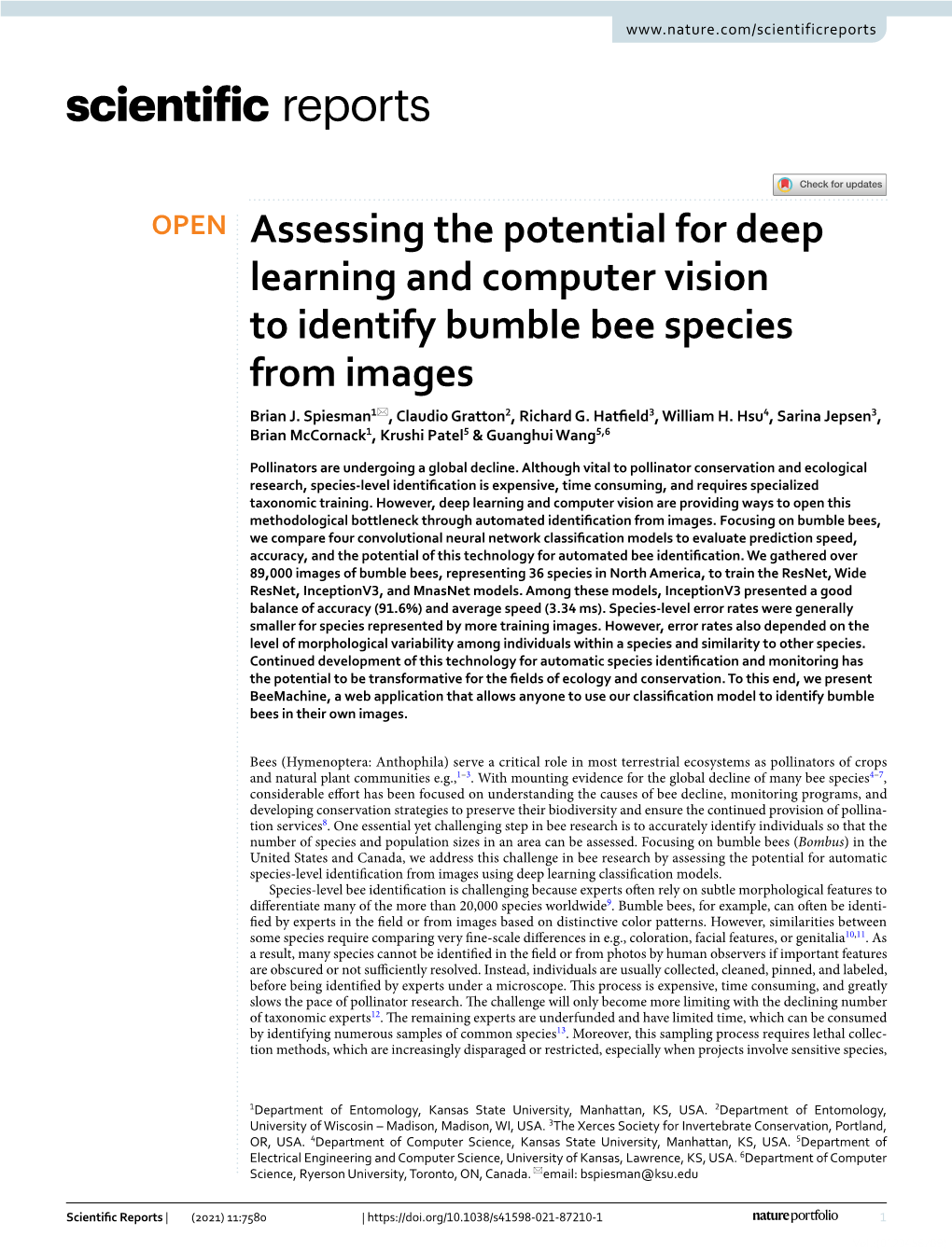 Assessing the Potential for Deep Learning and Computer Vision to Identify Bumble Bee Species from Images Brian J