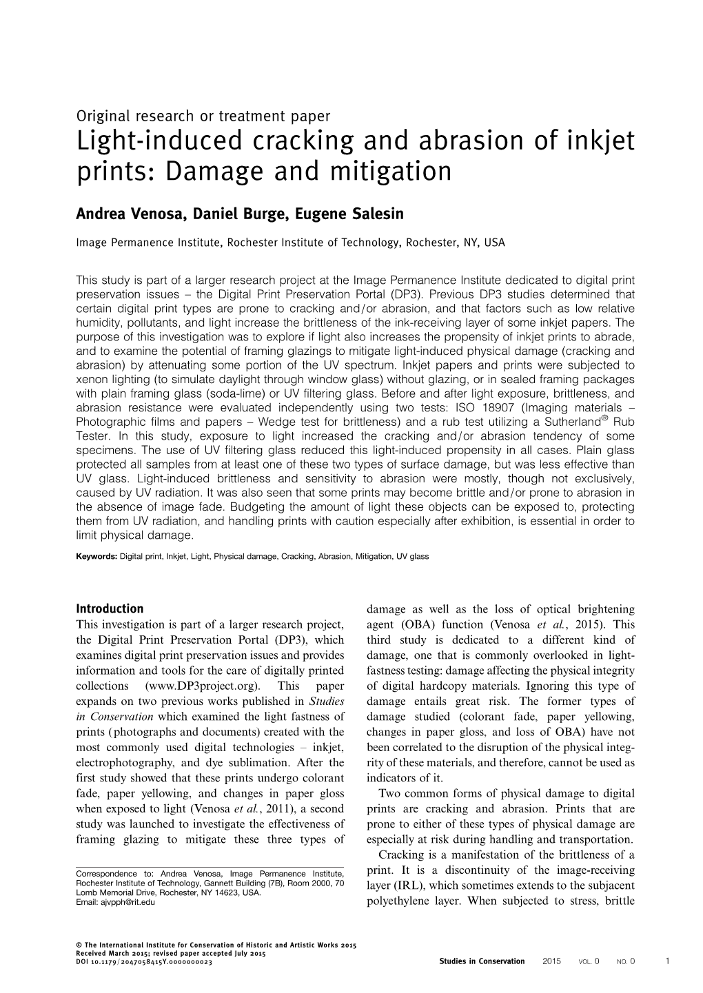 Light-Induced Cracking and Abrasion of Inkjet Prints: Damage and Mitigation