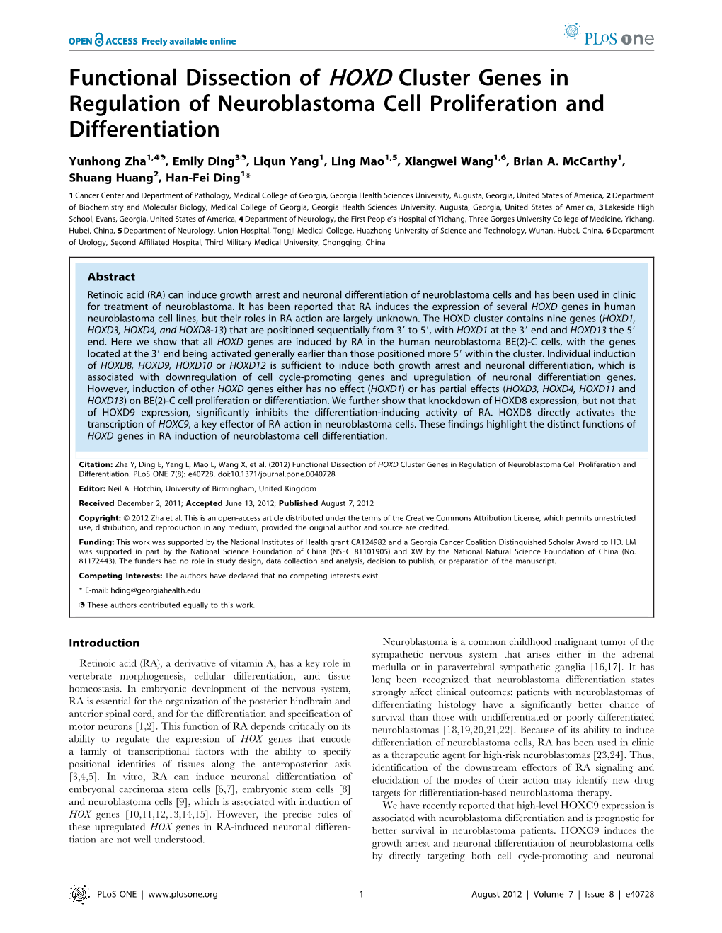 Functional Dissection of HOXD Cluster Genes in Regulation of Neuroblastoma Cell Proliferation and Differentiation