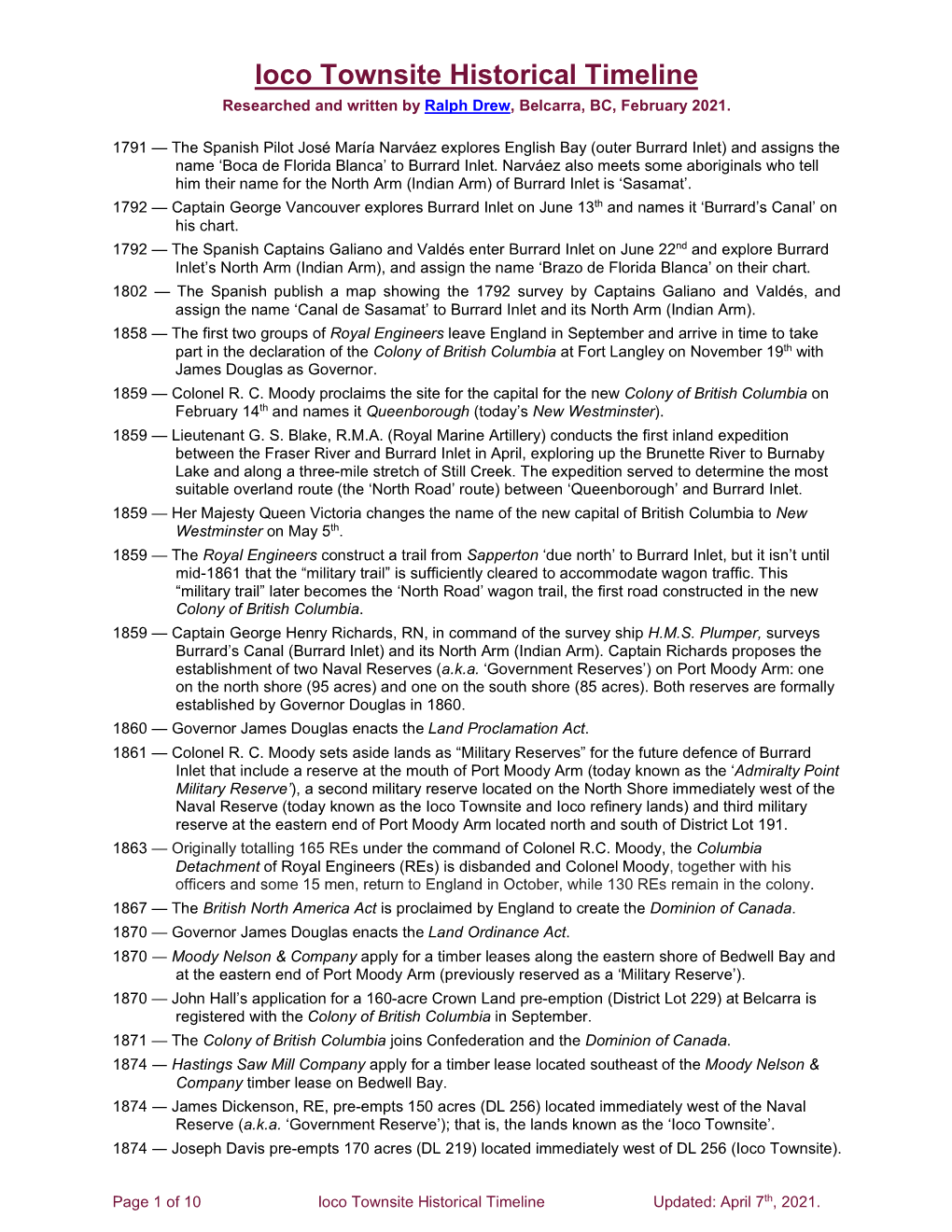 Ioco Townsite Historical Timeline Researched and Written by Ralph Drew, Belcarra, BC, February 2021