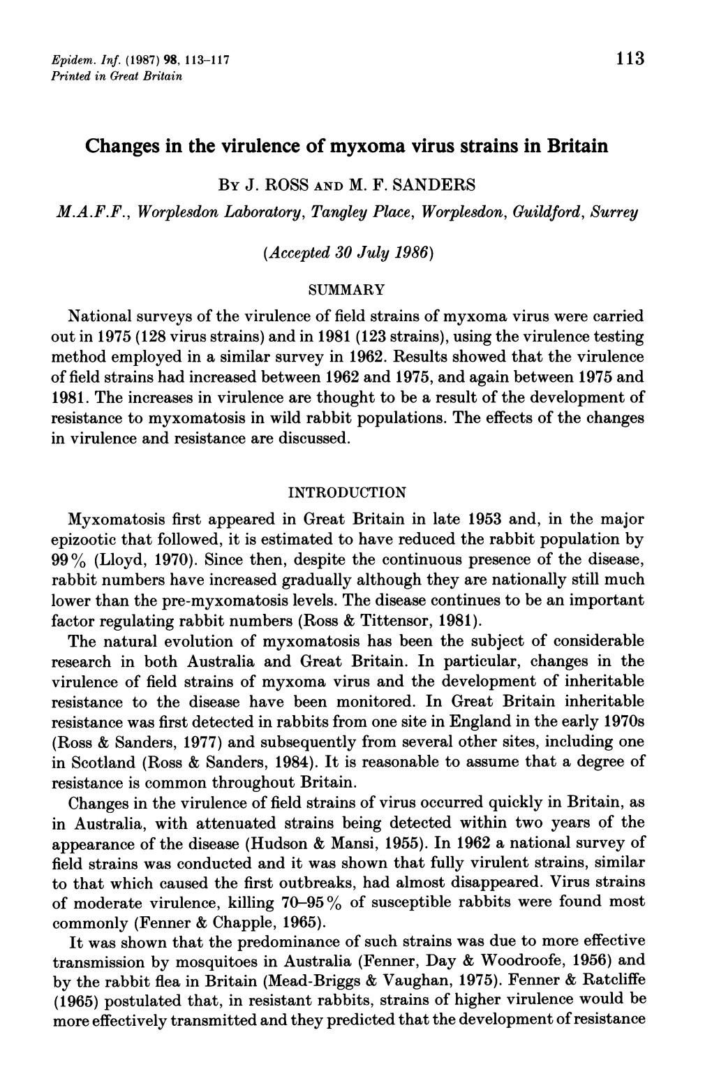 Changes in the Virulence of Myxoma Virus Strains in Britain by J